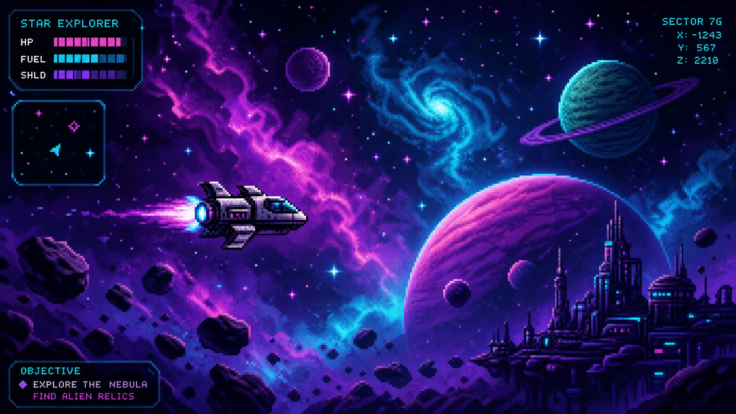 星际像素漫游者概念图，像素风飞船在星云中航行